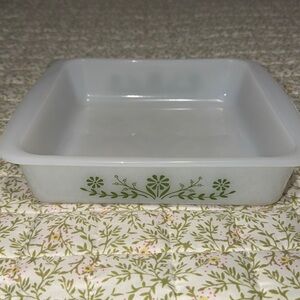 Glasbake White Casserole Dish with Green Floral Motif